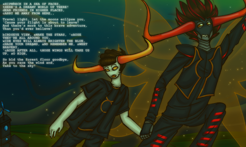 A digital drawing of Tavros Nitram and the Summoner, flying away from Tavros’s hive in the middle of the night.